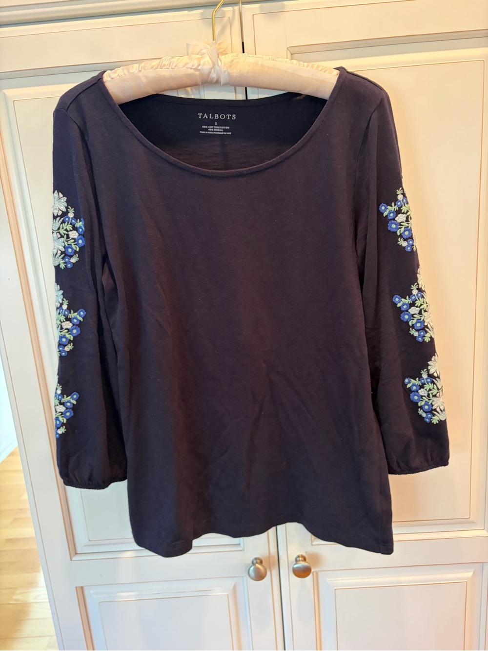 Talbots Navy Blue Long Sleeve Tee with Floral Sleeve Embroidery